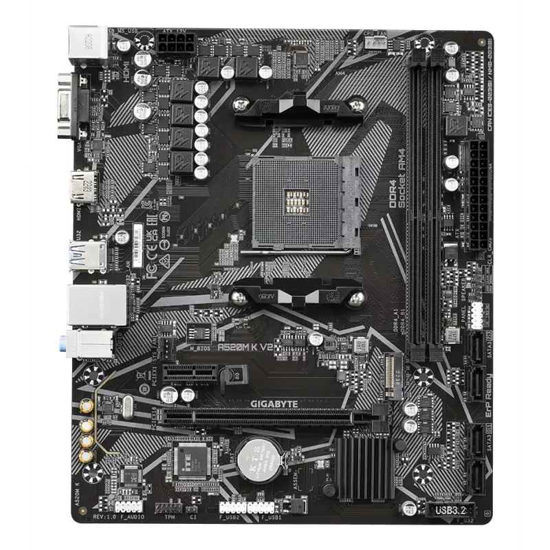 GIGABYTE A520M K V2 emaplaat - toetab AMD Ryzen 5000 seeria AM4 protsessoreid, kuni 5100 MHz DDR4 (OC), PCIe Gen3 x4 M.2, GbE LAN, USB 3.2 Gen 1