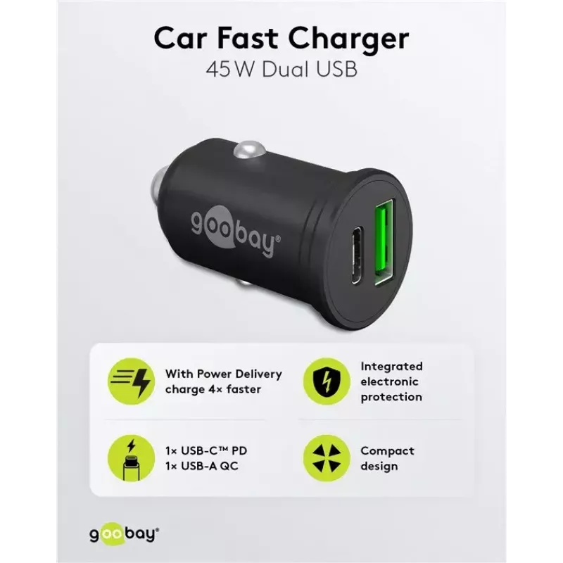 Goobay kahe USB-ga auto kiirlaadija USB-C PD 45 W Must