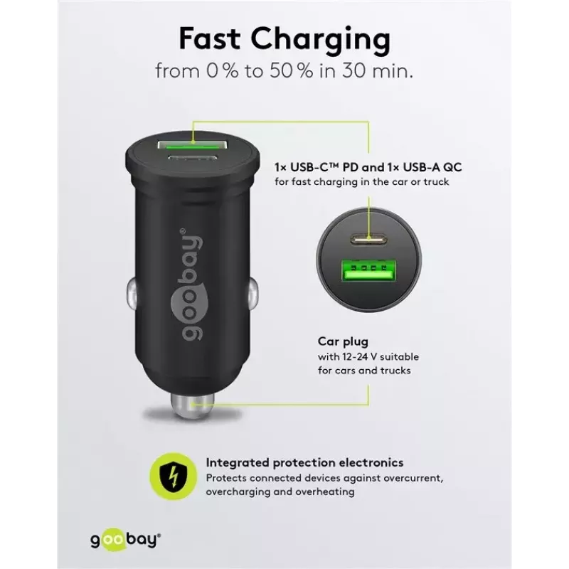 Goobay kahe USB-ga auto kiirlaadija USB-C PD 45 W Must