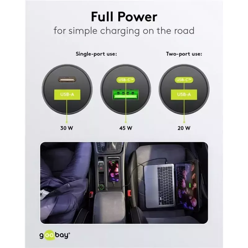 Goobay kahe USB-ga auto kiirlaadija USB-C PD 45 W Must