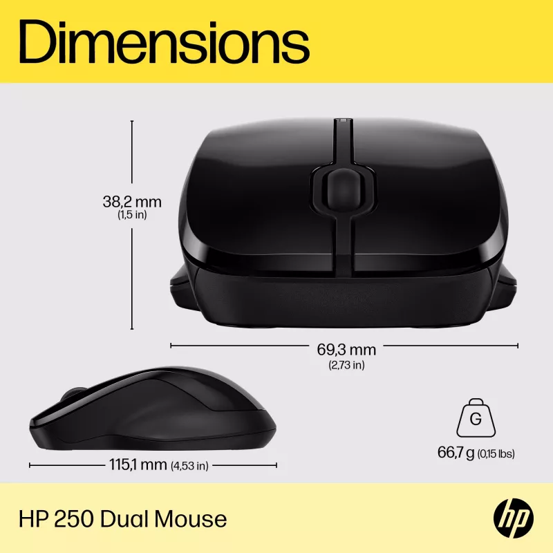 HP 250 Dual Mouse, ambidextre, Bluetooth + USB Type-A, 1600 DPI, must