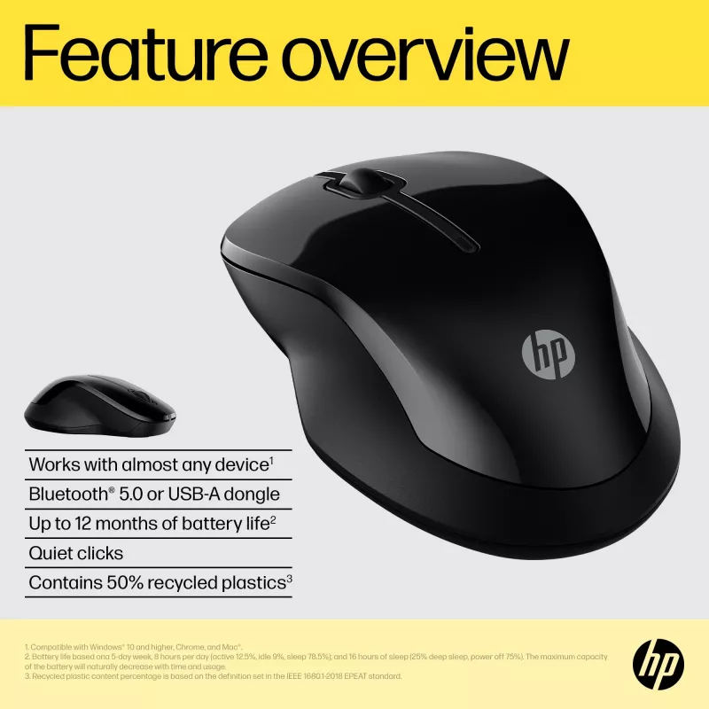 HP 250 Dual Mouse, ambidextre, Bluetooth + USB Type-A, 1600 DPI, must