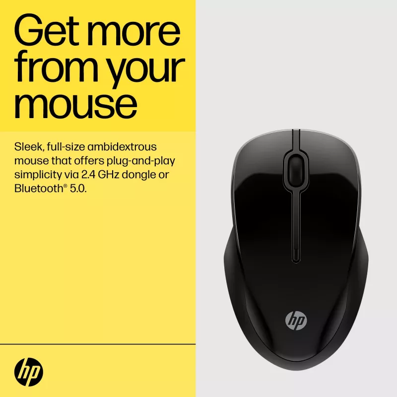 HP 250 Dual Mouse, ambidextre, Bluetooth + USB Type-A, 1600 DPI, must