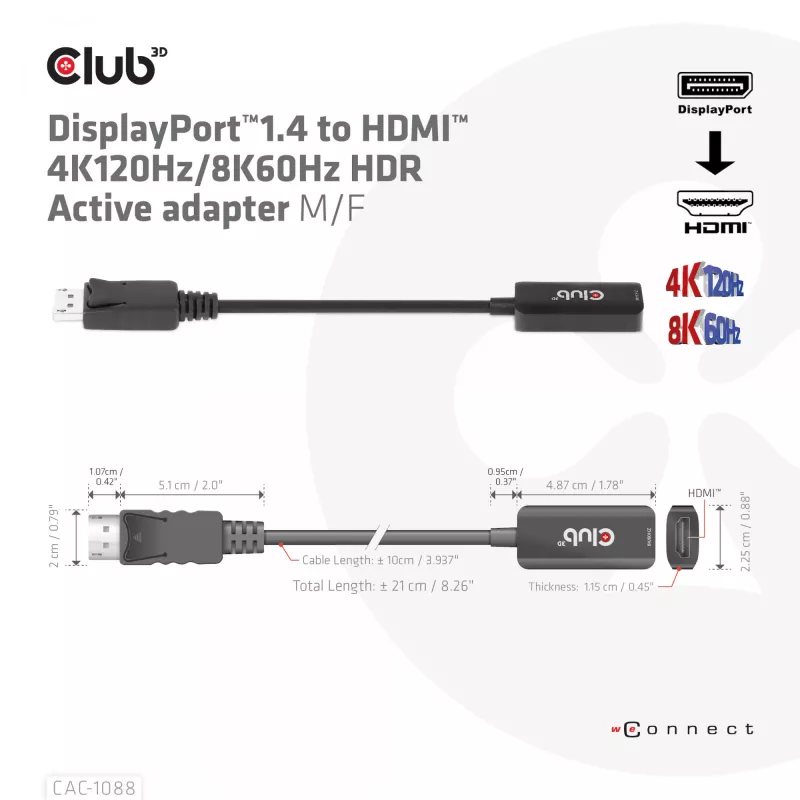 CLUB3D DisplayPort 1.4 HDMI-le 4K120Hz/8K60Hz HDR aktiivadapter M/F