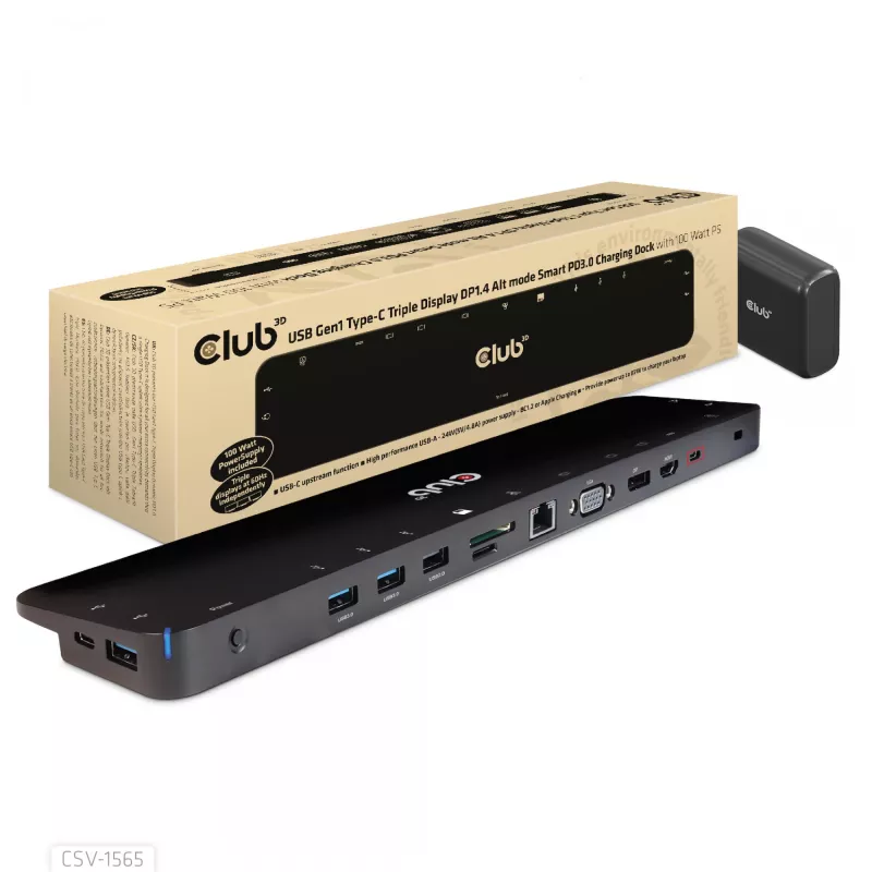 CLUB3D USB Gen1 USB-C kolmikkuva DP1.4 Alt-režiimi nutikas PD3.0 laadimisdokk 100 W toiteplokiga