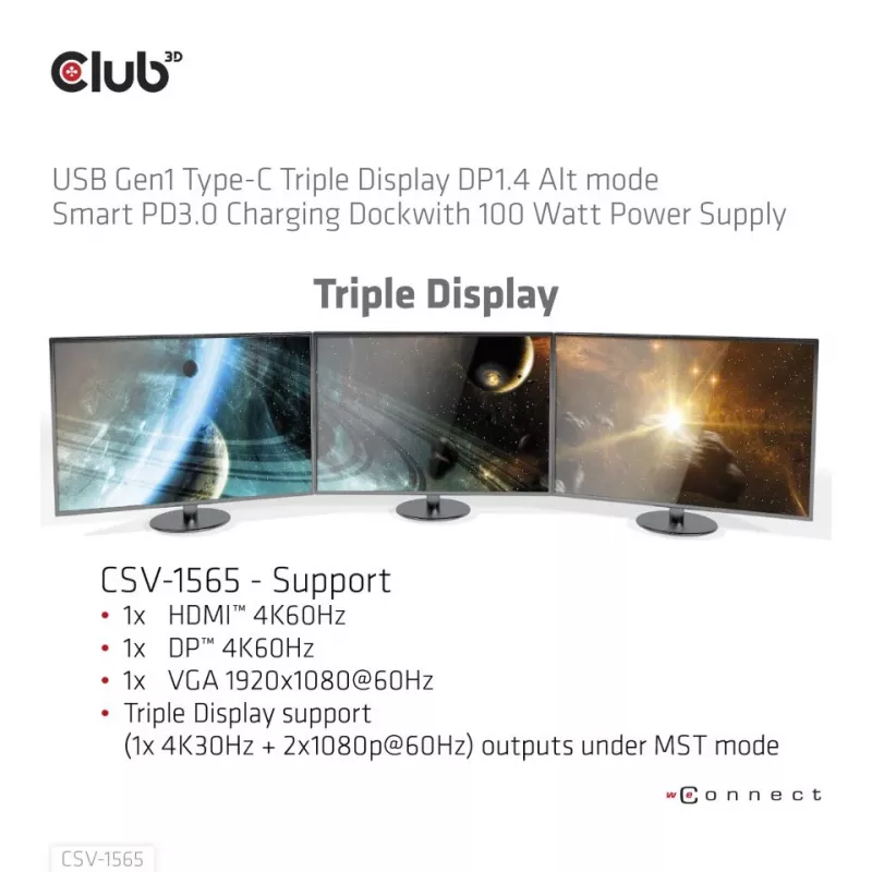 CLUB3D USB Gen1 USB-C kolmikkuva DP1.4 Alt-režiimi nutikas PD3.0 laadimisdokk 100 W toiteplokiga