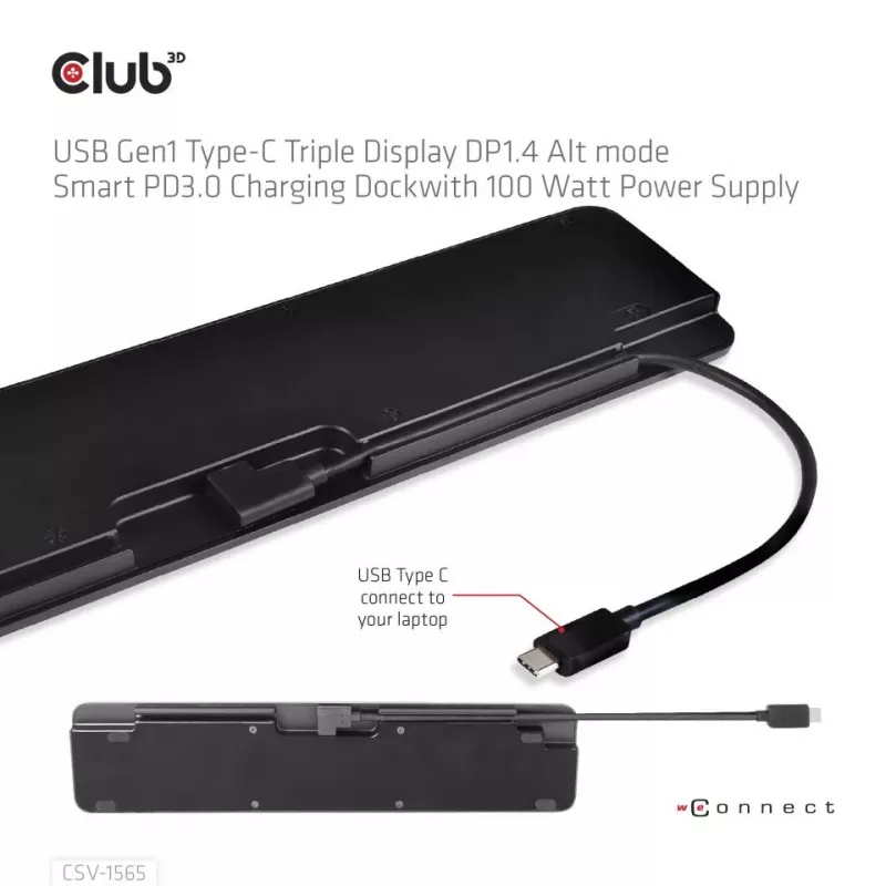 CLUB3D USB Gen1 USB-C kolmikkuva DP1.4 Alt-režiimi nutikas PD3.0 laadimisdokk 100 W toiteplokiga
