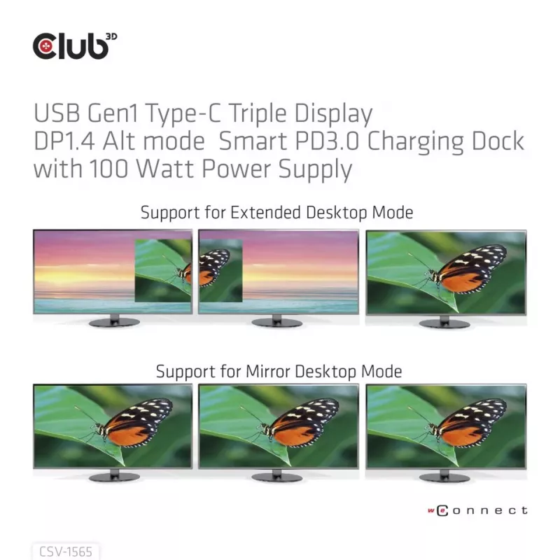 CLUB3D USB Gen1 USB-C kolmikkuva DP1.4 Alt-režiimi nutikas PD3.0 laadimisdokk 100 W toiteplokiga