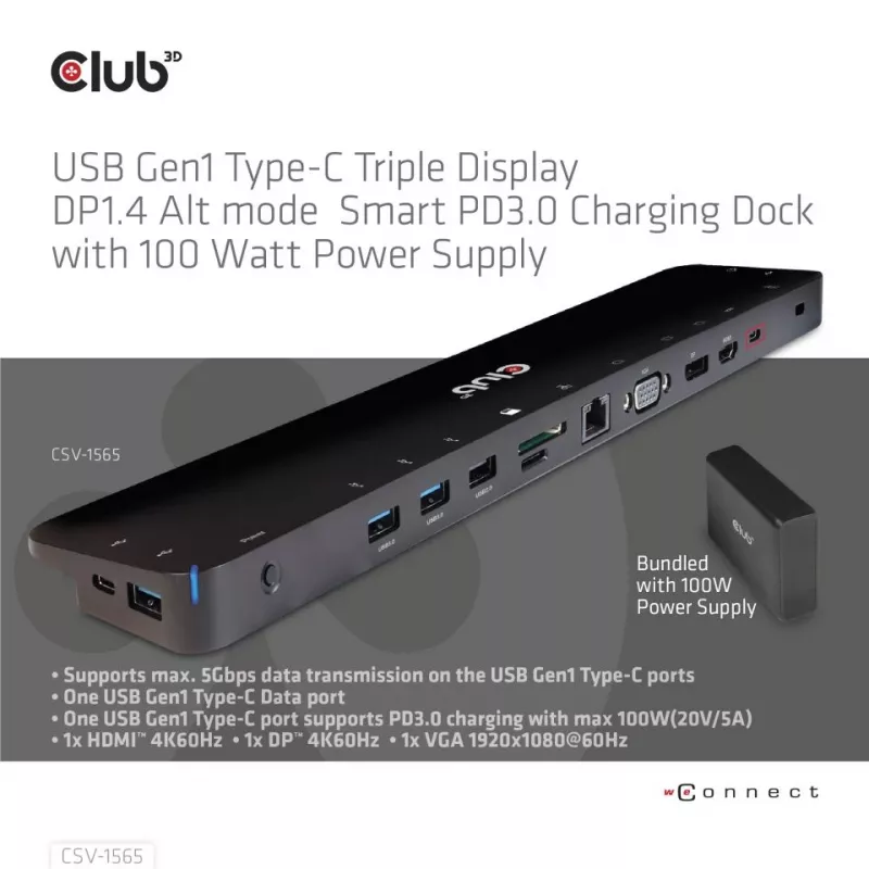 CLUB3D USB Gen1 USB-C kolmikkuva DP1.4 Alt-režiimi nutikas PD3.0 laadimisdokk 100 W toiteplokiga