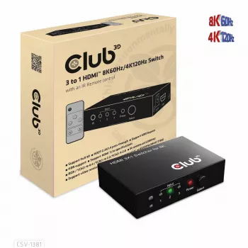 CLUB3D 3 to 1 HDMI™ 8K60Hz/4K120Hz lüliti, 7680 x 4320 pikslit, 8K Ultra HD, Must