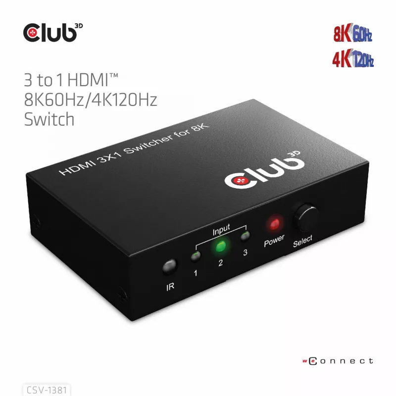 CLUB3D 3 to 1 HDMI™ 8K60Hz/4K120Hz lüliti, 7680 x 4320 pikslit, 8K Ultra HD, Must