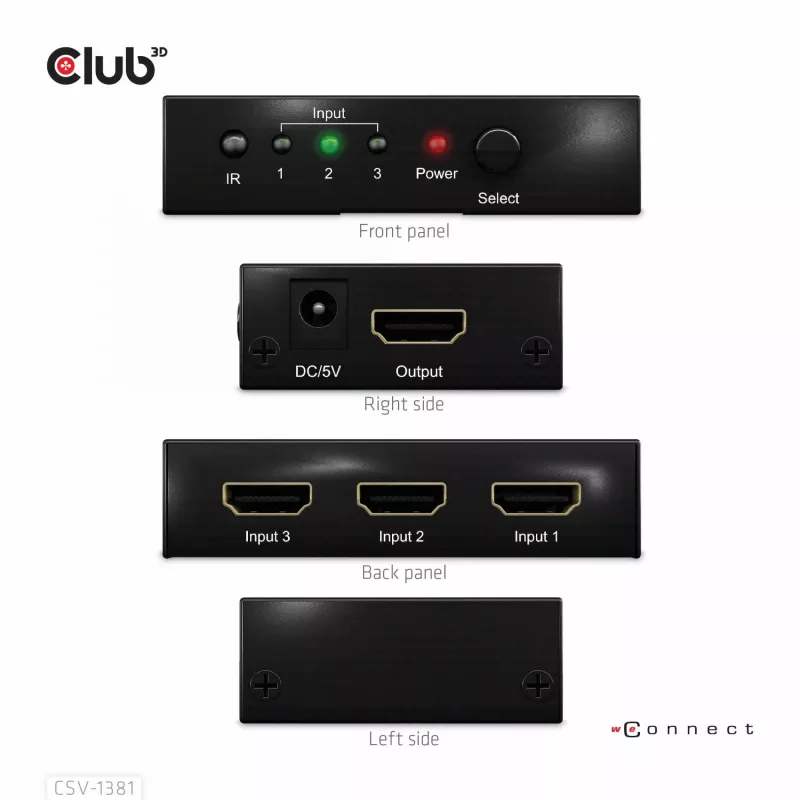 CLUB3D 3 to 1 HDMI™ 8K60Hz/4K120Hz lüliti, 7680 x 4320 pikslit, 8K Ultra HD, Must