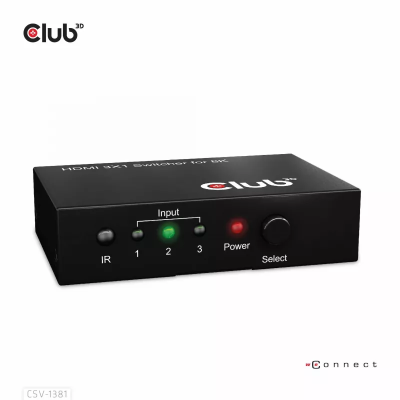 CLUB3D 3 to 1 HDMI™ 8K60Hz/4K120Hz lüliti, 7680 x 4320 pikslit, 8K Ultra HD, Must