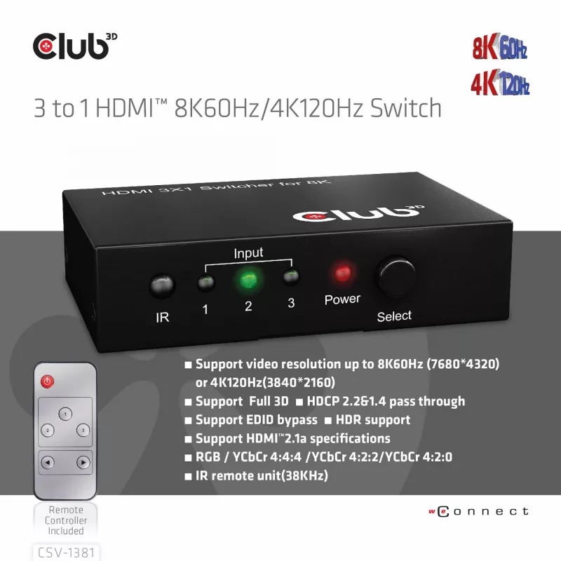 CLUB3D 3 to 1 HDMI™ 8K60Hz/4K120Hz lüliti, 7680 x 4320 pikslit, 8K Ultra HD, Must