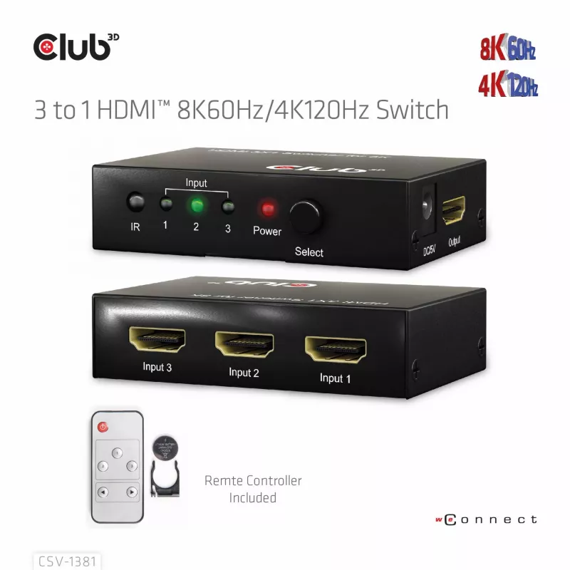 CLUB3D 3 to 1 HDMI™ 8K60Hz/4K120Hz lüliti, 7680 x 4320 pikslit, 8K Ultra HD, Must