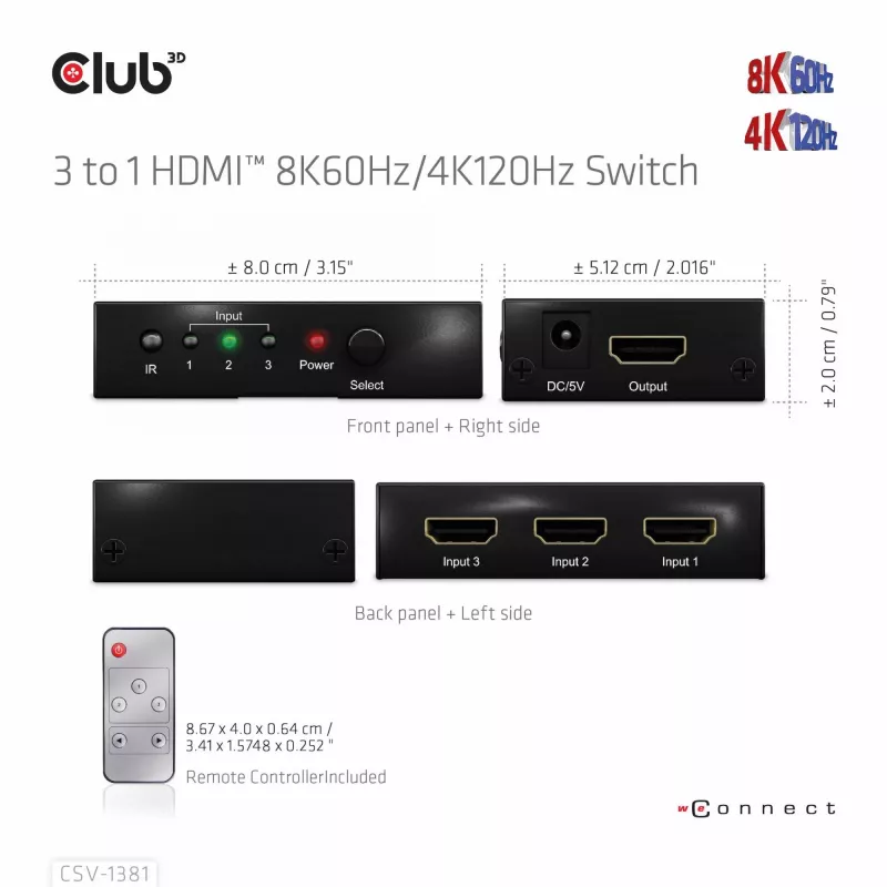 CLUB3D 3 to 1 HDMI™ 8K60Hz/4K120Hz lüliti, 7680 x 4320 pikslit, 8K Ultra HD, Must