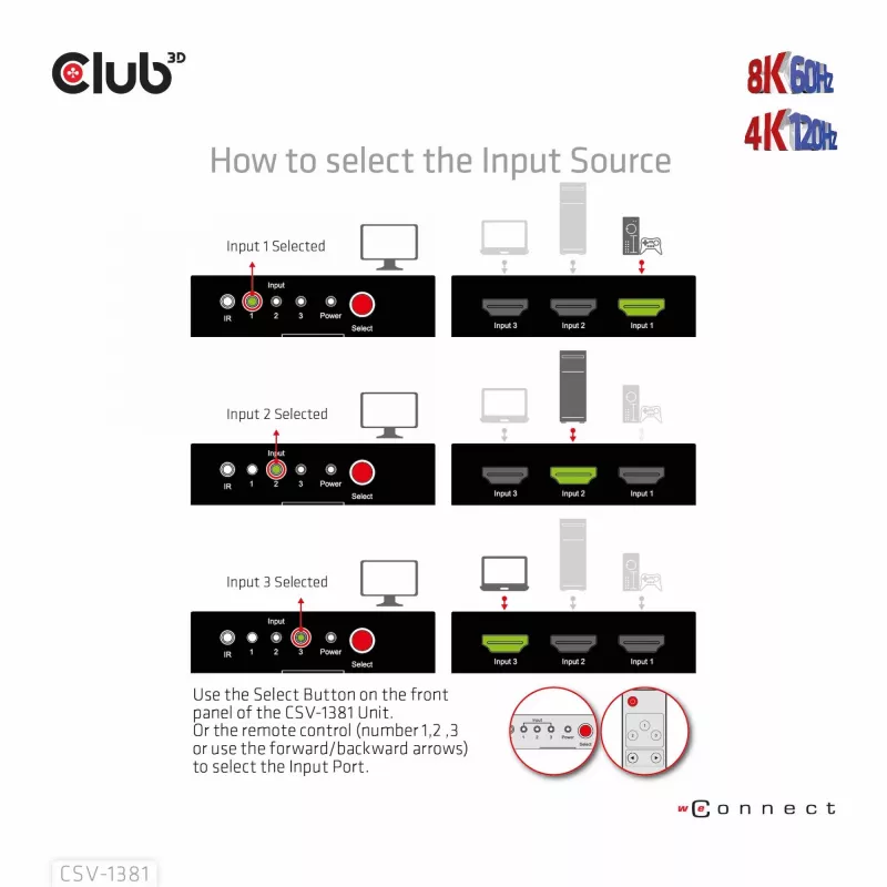 CLUB3D 3 to 1 HDMI™ 8K60Hz/4K120Hz lüliti, 7680 x 4320 pikslit, 8K Ultra HD, Must