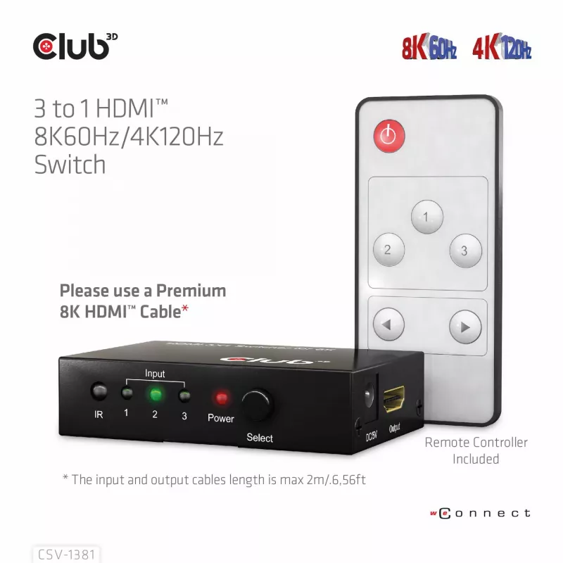 CLUB3D 3 to 1 HDMI™ 8K60Hz/4K120Hz lüliti, 7680 x 4320 pikslit, 8K Ultra HD, Must