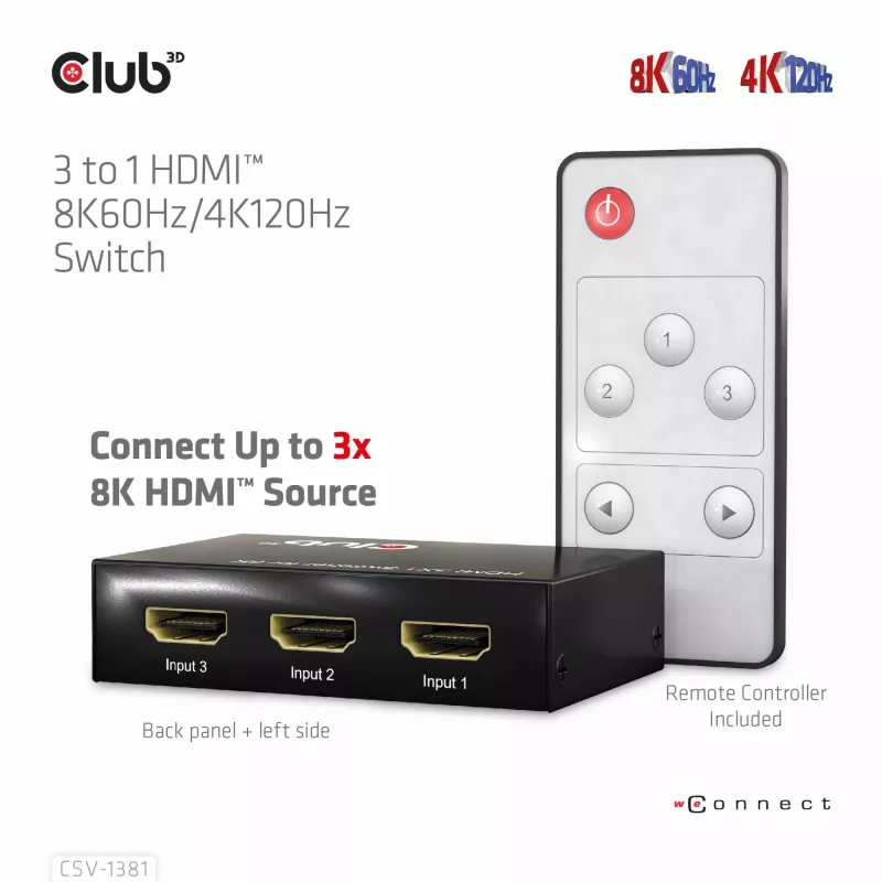 CLUB3D 3 to 1 HDMI™ 8K60Hz/4K120Hz lüliti, 7680 x 4320 pikslit, 8K Ultra HD, Must