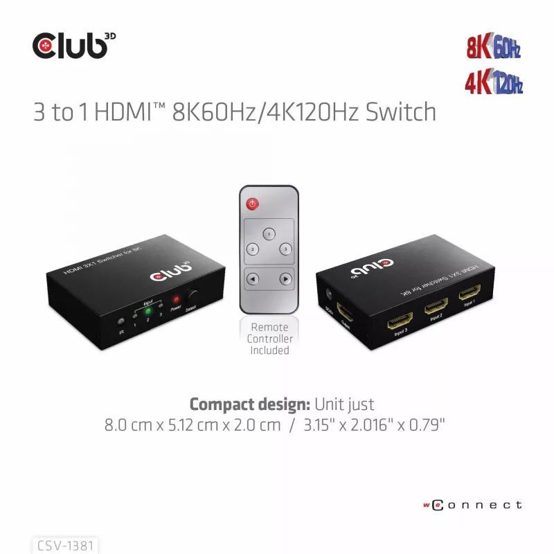 CLUB3D 3 to 1 HDMI™ 8K60Hz/4K120Hz lüliti, 7680 x 4320 pikslit, 8K Ultra HD, Must