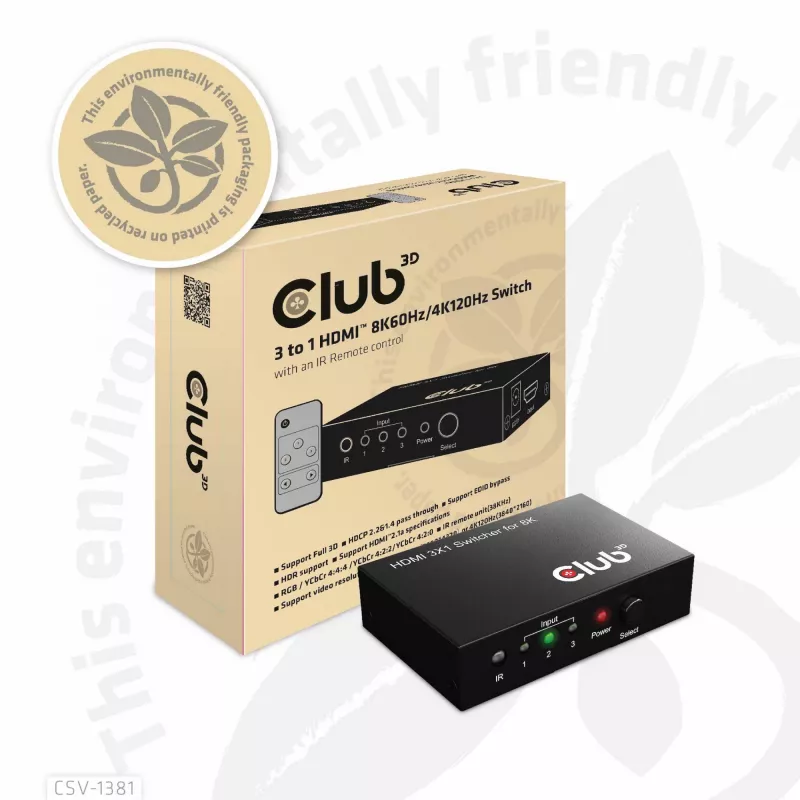 CLUB3D 3 to 1 HDMI™ 8K60Hz/4K120Hz lüliti, 7680 x 4320 pikslit, 8K Ultra HD, Must