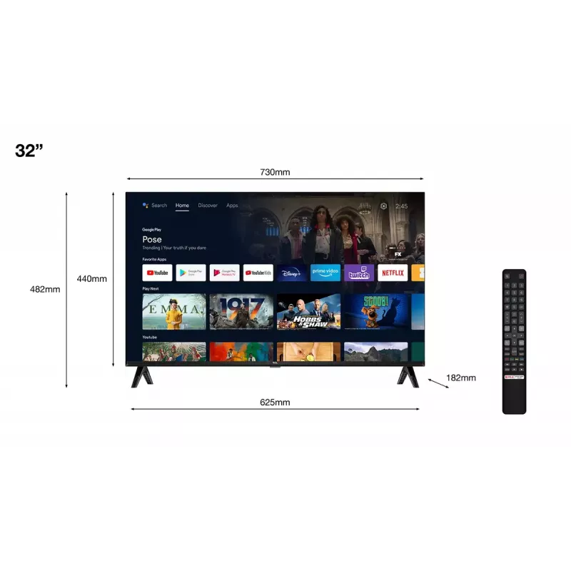 TV TCL 32S5400A 32 tolli HD LED (1366x768), Android TV, Direct‑LED, 2×HDMI, HDR10, Bluetooth 5.0
