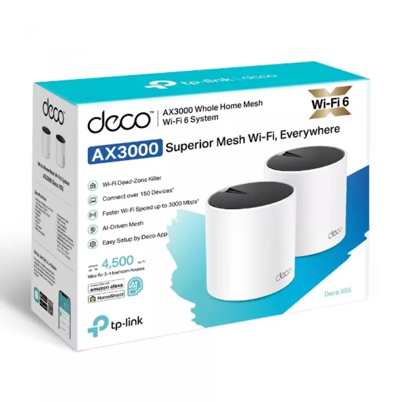 TP-Link DECO X55 (2-pakk) Kaheribaline (2,4 GHz / 5 GHz) Wi-Fi 6 (802.11ax) Valge 3 sisemist antenni