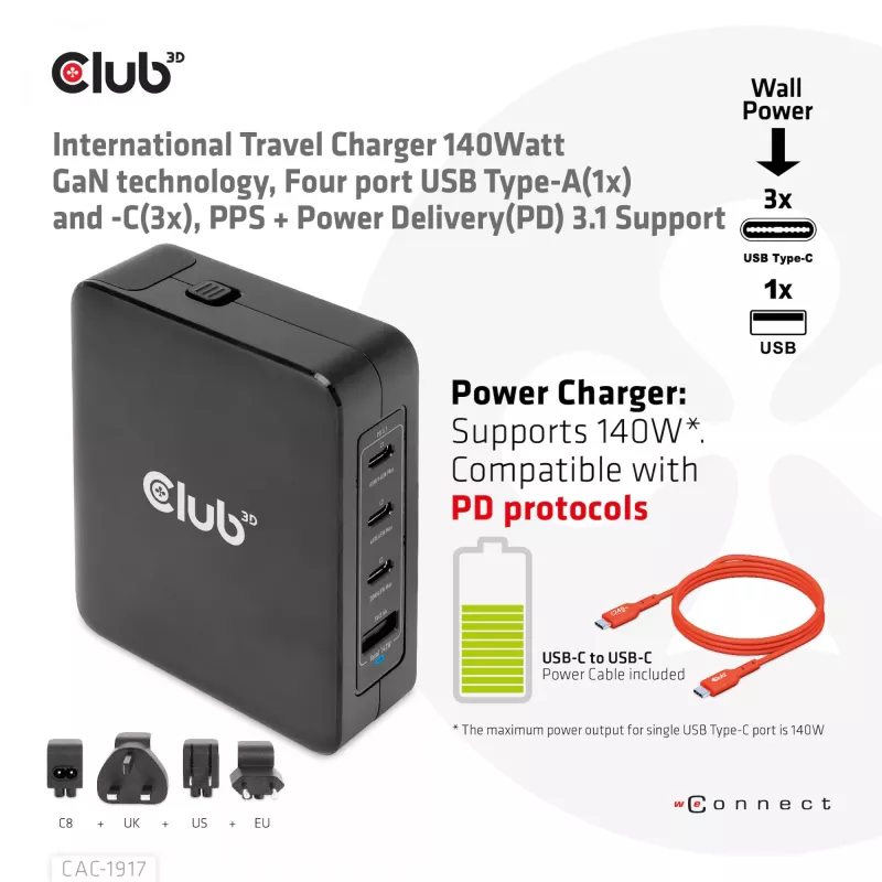 CLUB3D International Travel Charger 140W GaN tehnoloogia, nelja pordiga USB Type-A (1x) ja -C (3x), PPS + Power Delivery (PD) 3.1 tugi