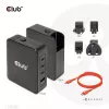 CLUB3D International Travel Charger 140W GaN tehnoloogia, nelja pordiga USB Type-A (1x) ja -C (3x), PPS + Power Delivery (PD) 3.1 tugi