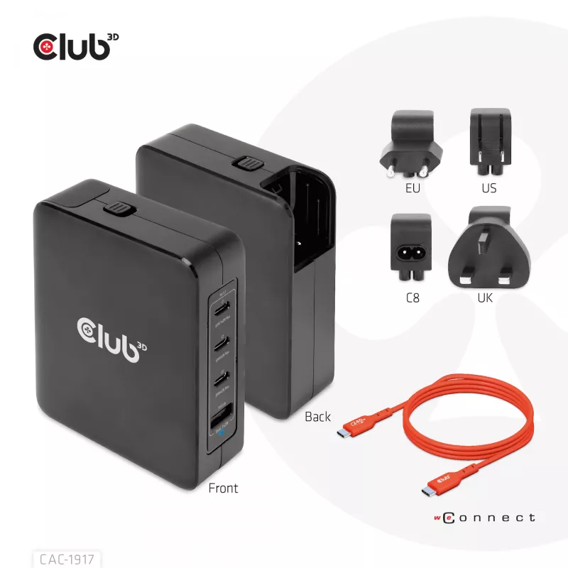 CLUB3D International Travel Charger 140W GaN tehnoloogia, nelja pordiga USB Type-A (1x) ja -C (3x), PPS + Power Delivery (PD) 3.1 tugi