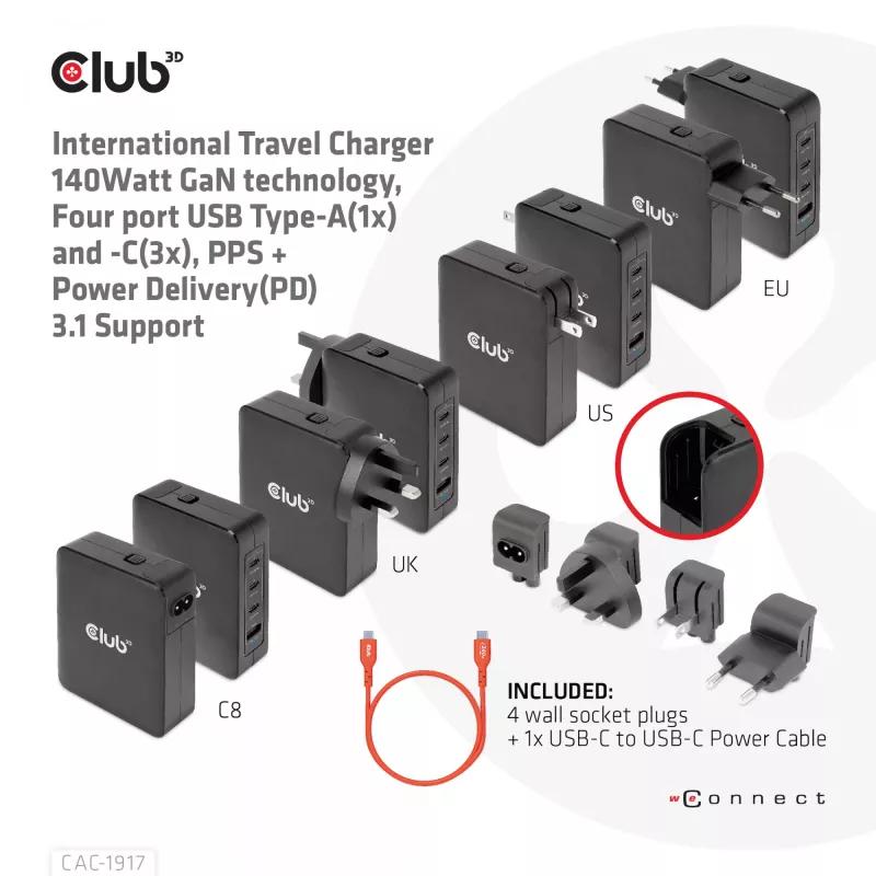 CLUB3D International Travel Charger 140W GaN tehnoloogia, nelja pordiga USB Type-A (1x) ja -C (3x), PPS + Power Delivery (PD) 3.1 tugi