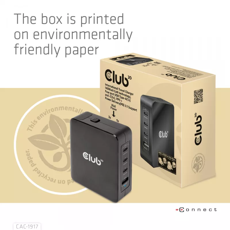 CLUB3D International Travel Charger 140W GaN tehnoloogia, nelja pordiga USB Type-A (1x) ja -C (3x), PPS + Power Delivery (PD) 3.1 tugi