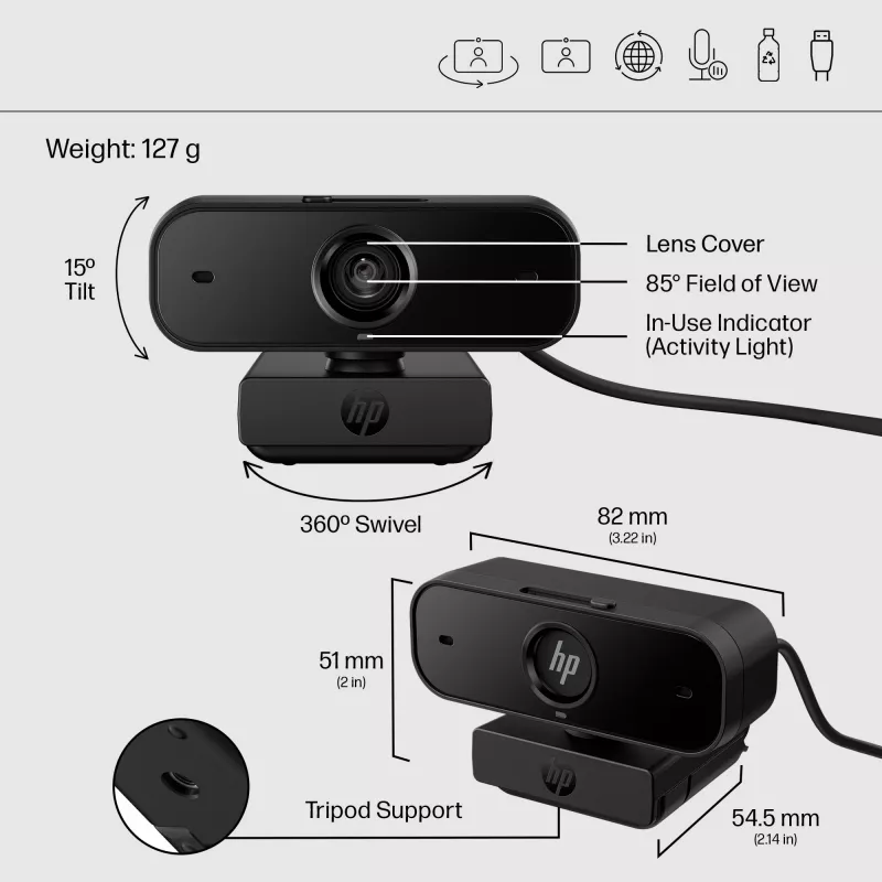 HP 430 FHD veebikaamera, 2 MP, 1920 x 1080 pikslit, Full HD, 60 kaadrit/s, 85°, kodu