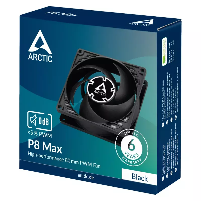 80 mm ventilaator Arctic P8 Max High-Performance PWM, 80 mm läbimõõt, must, 67,96 m³/h õhuvool, 0,6 sone