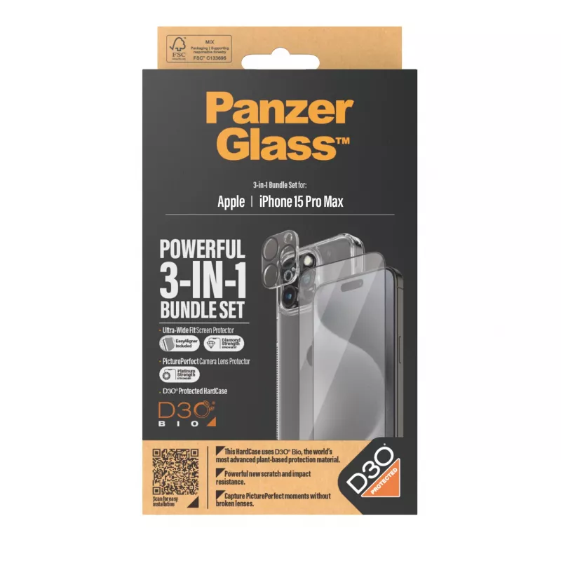 PanzerGlass ® 3-in-1 komplekt iPhone 15 Pro Max, Apple, Apple - iPhone 15 Pro Max, kuiv paigaldus, löögikindel, läbipaistev, 1 tk
