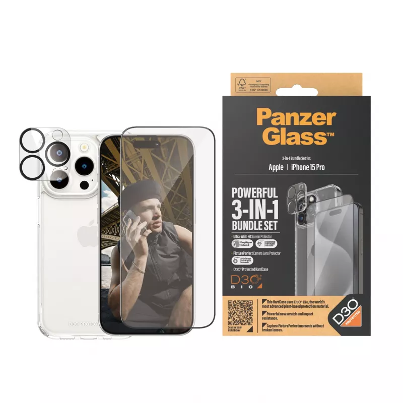 PanzerGlass 3-in-1 komplekt iPhone 15 Pro karastatud klaasist läbipaistev