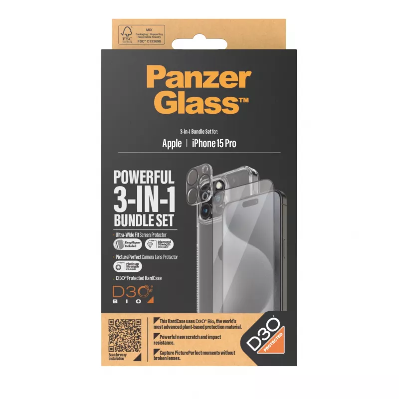 PanzerGlass 3-in-1 komplekt iPhone 15 Pro karastatud klaasist läbipaistev