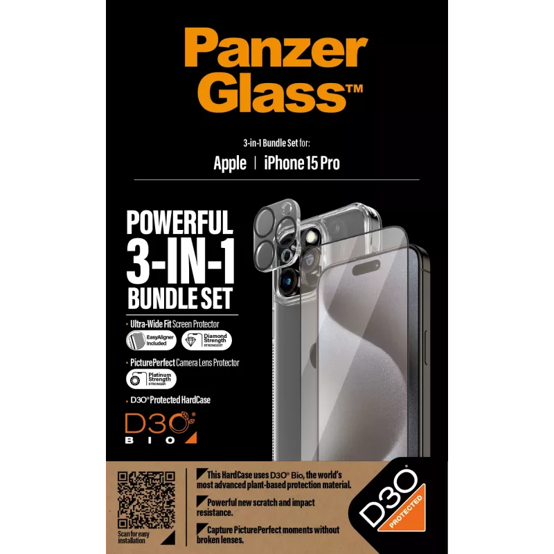 PanzerGlass 3-in-1 komplekt iPhone 15 Pro karastatud klaasist läbipaistev