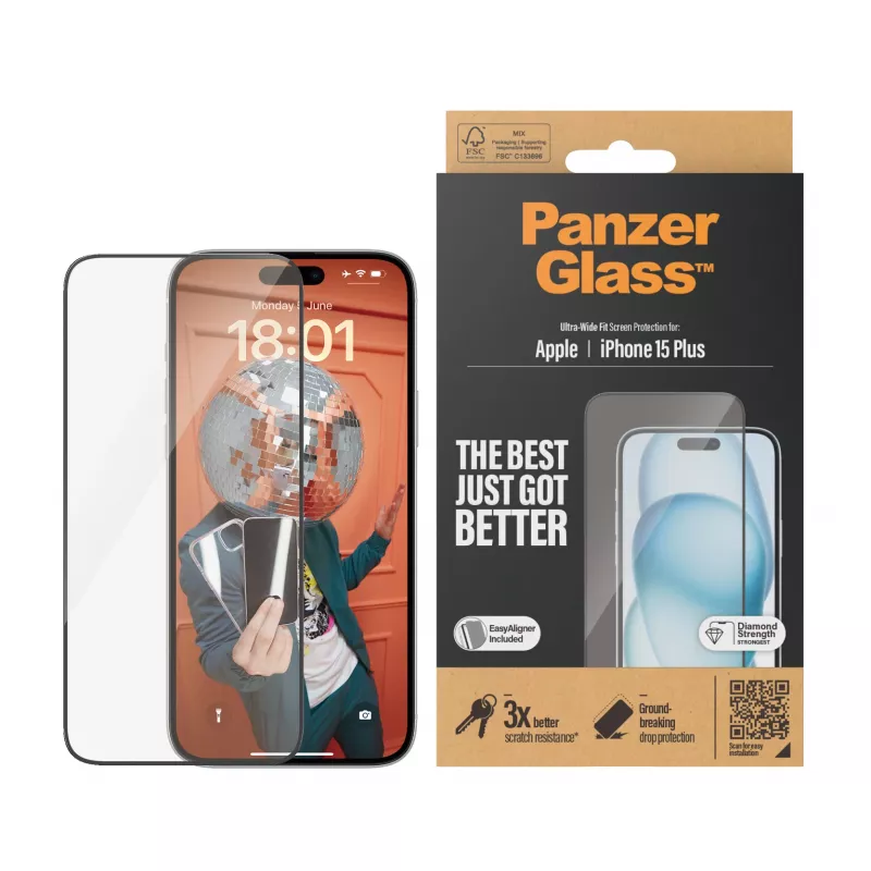 PanzerGlass ® Ekraanikaitse iPhone 15 Plus | Ultra-Wide Fit koos EasyAligneriga
