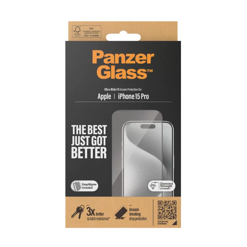 PanzerGlass® Ekraanikaitse iPhone 15 Pro | Ultra-Wide Fit koos EasyAligneriga