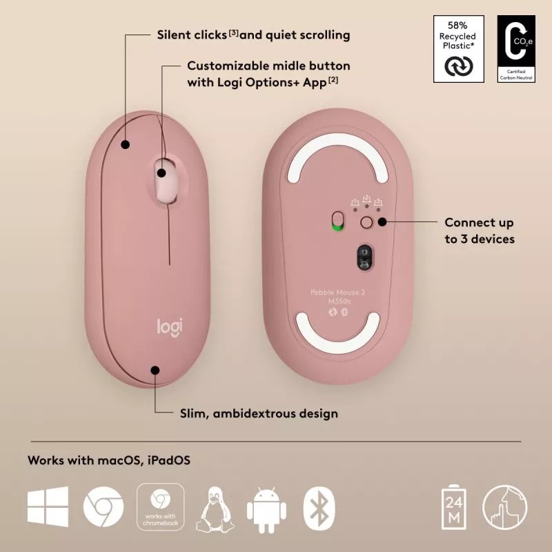 LOGITECH Pebble 2 M350s juhtmeta optiline hiir roosa