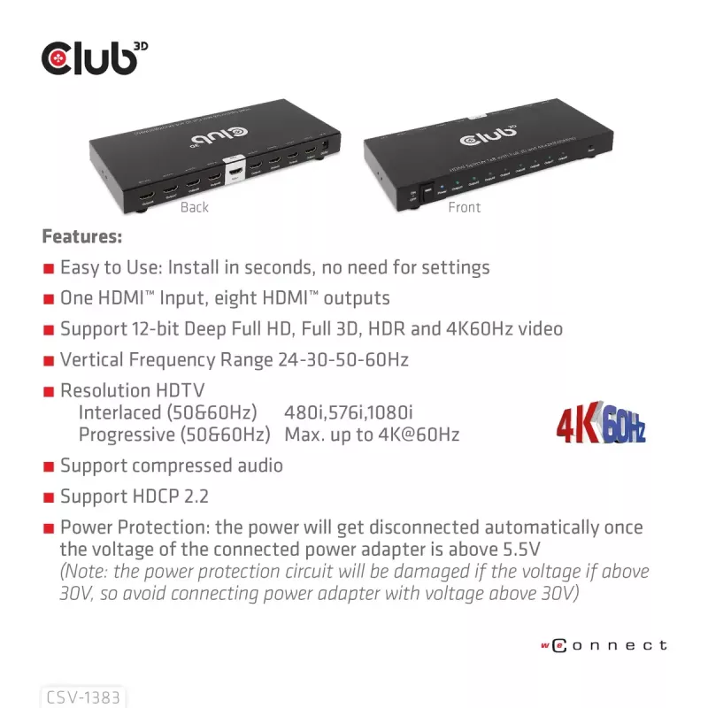 CLUB3D 1 kuni 8 HDMI™ jaotur Full 3D ja 4K60Hz (600MHz)
