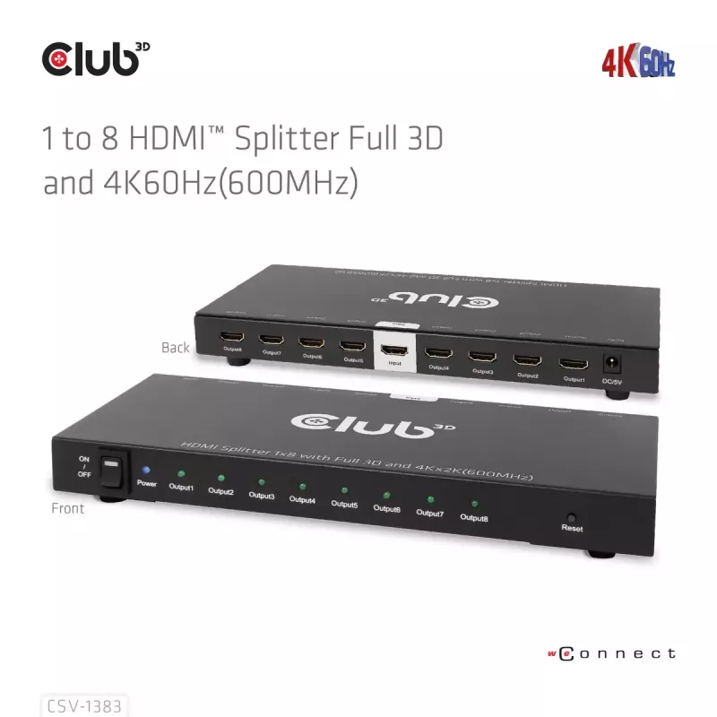 CLUB3D 1 kuni 8 HDMI™ jaotur Full 3D ja 4K60Hz (600MHz)