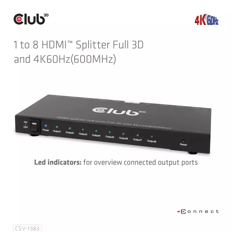 CLUB3D 1 kuni 8 HDMI™ jaotur Full 3D ja 4K60Hz (600MHz)