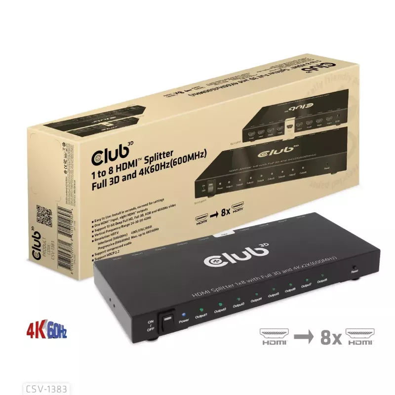CLUB3D 1 kuni 8 HDMI™ jaotur Full 3D ja 4K60Hz (600MHz)