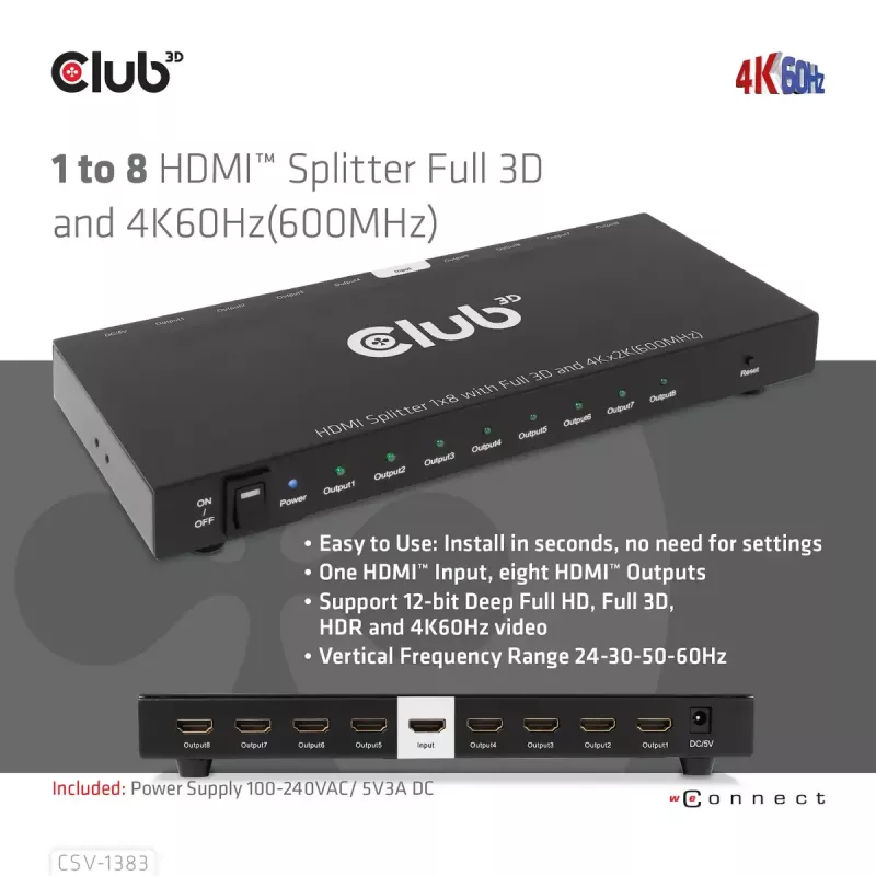 CLUB3D 1 kuni 8 HDMI™ jaotur Full 3D ja 4K60Hz (600MHz)