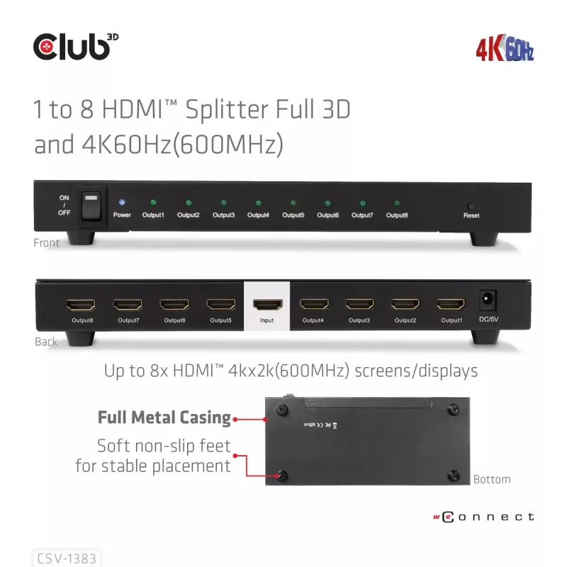CLUB3D 1 kuni 8 HDMI™ jaotur Full 3D ja 4K60Hz (600MHz)