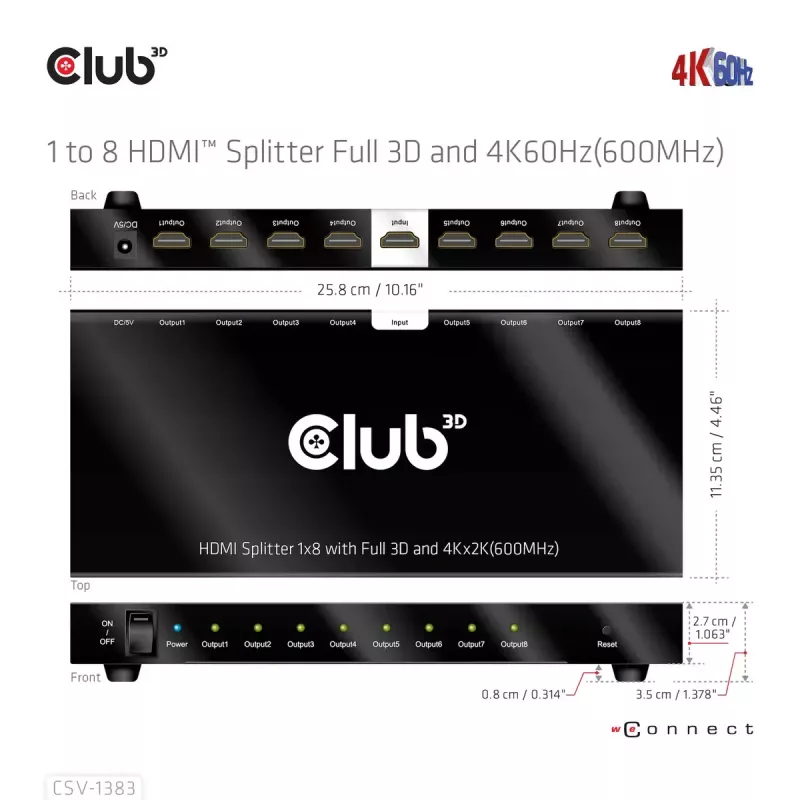 CLUB3D 1 kuni 8 HDMI™ jaotur Full 3D ja 4K60Hz (600MHz)
