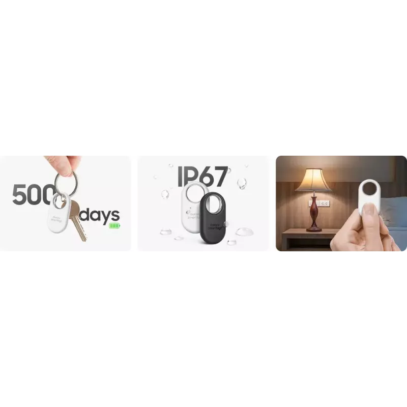 Jälgimisseade Samsung Galaxy SmartTag2 — Bluetooth-jälgija, CR2032 aku, kuni 12 000 h, 13,75 g, 28,8×52,4 mm, 1 tk