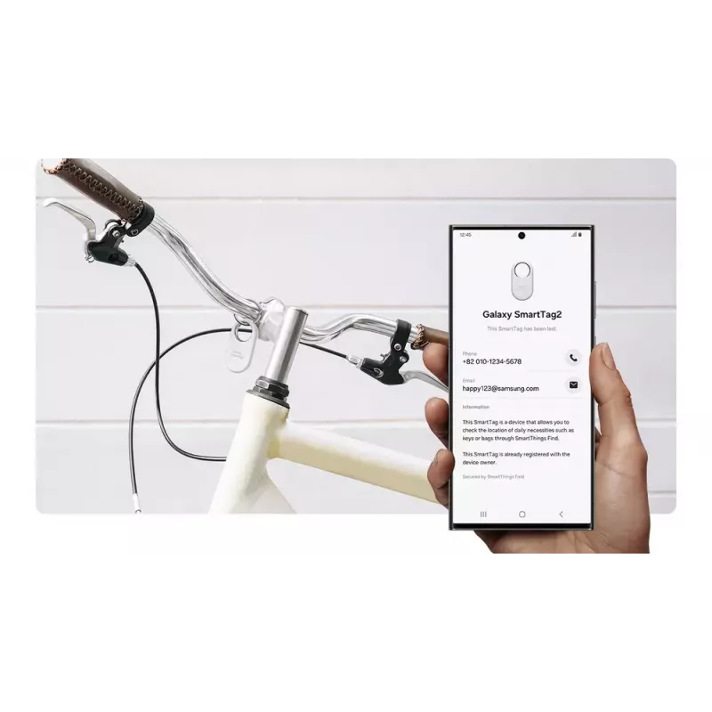 Jälgimisseade Samsung Galaxy SmartTag2 — Bluetooth-jälgija, CR2032 aku, kuni 12 000 h, 13,75 g, 28,8×52,4 mm, 1 tk